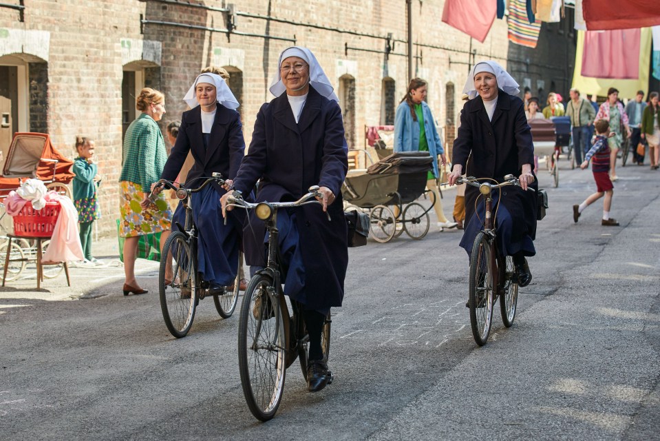 Midwives cycle through Chatham dockyard in the hit BBC show