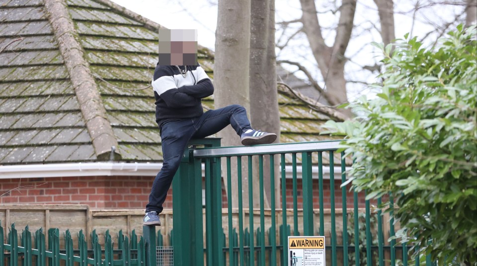 A man can be seen climbing the gate