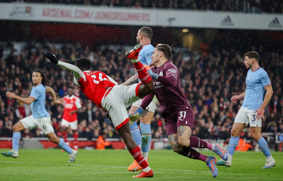 Eddie Nketiah drew the foul from Ederson before half-time