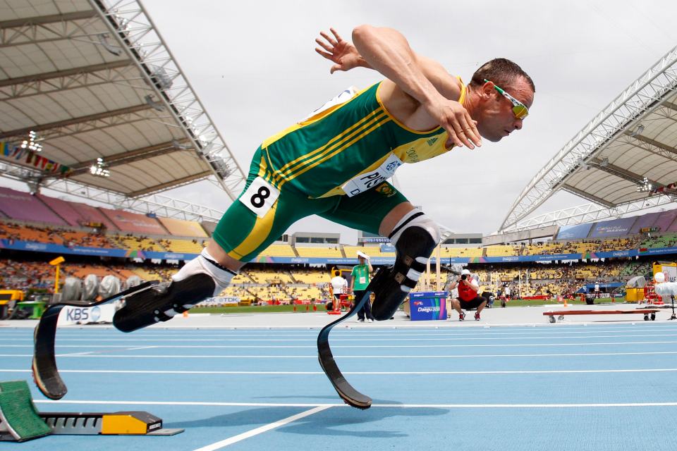 Pistorius comes out of the starting blocks during a race in Daegu, 2011