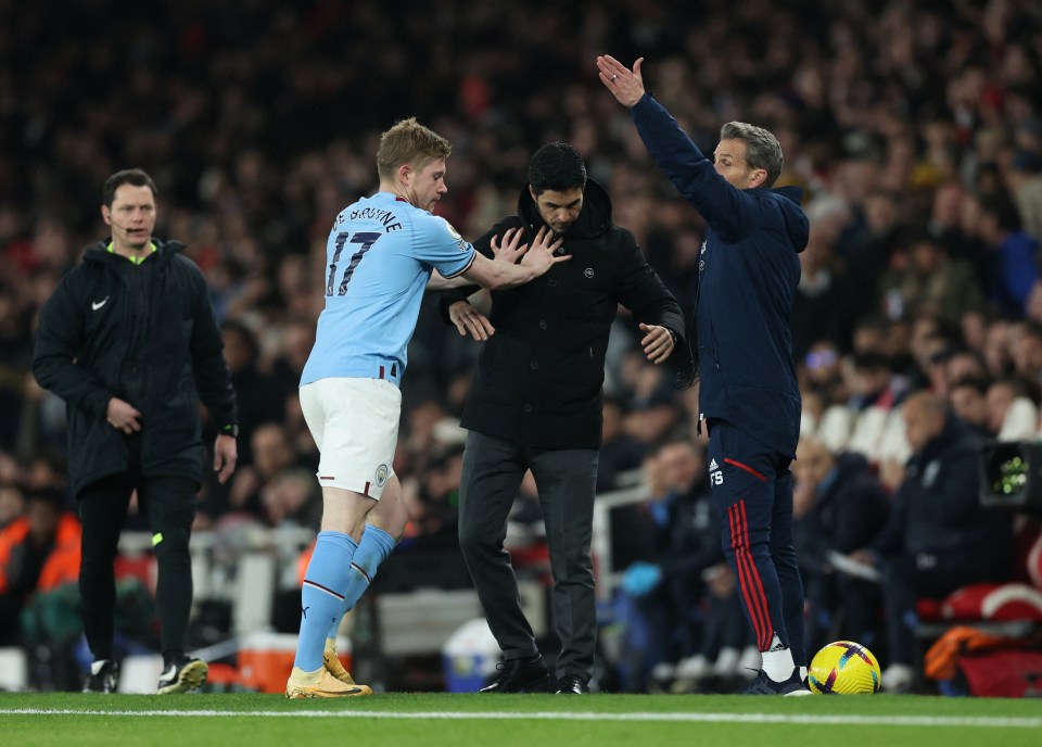 De Bruyne shoved Arsenal boss Mikel Arteta on the touchline as tempers flared