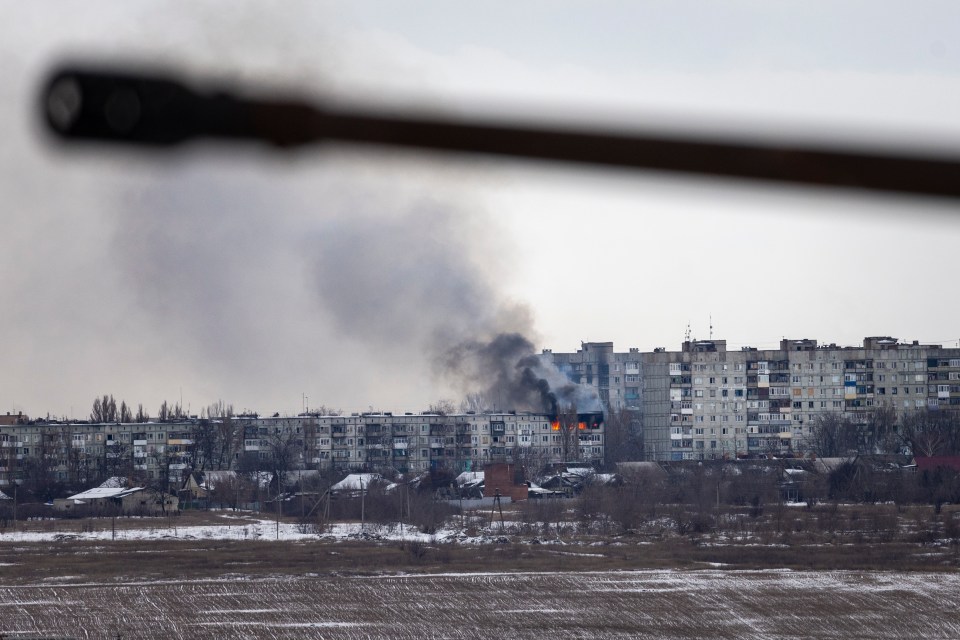 A burning building in the Ukrainian city of Bakhmut