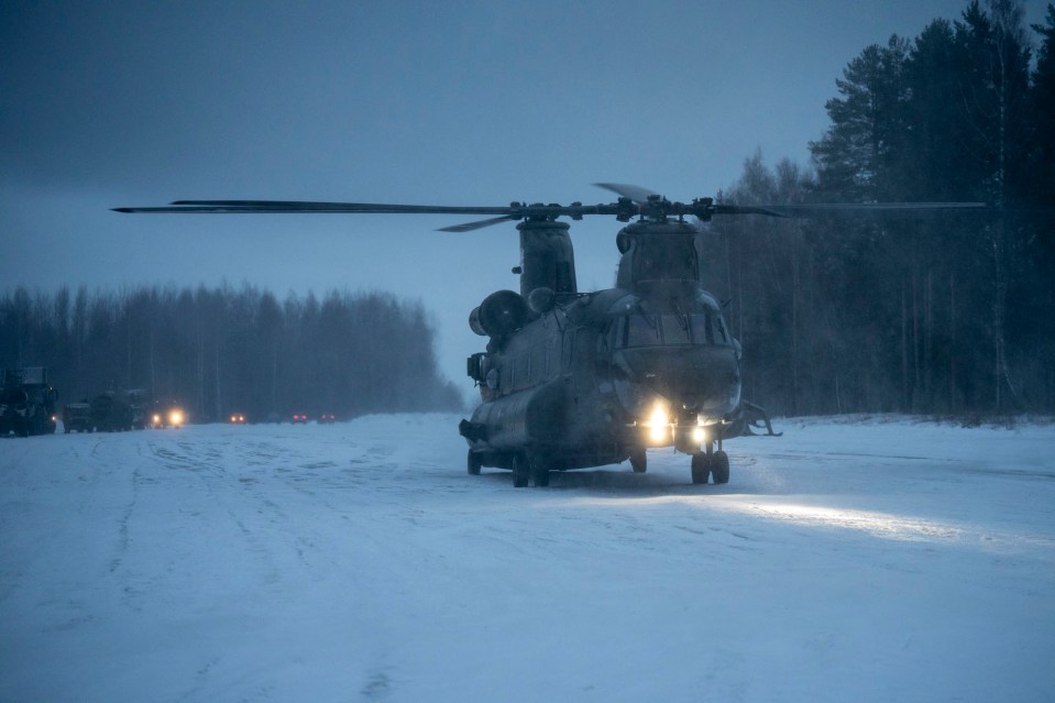 The Chinook helicopter after landing in the woods