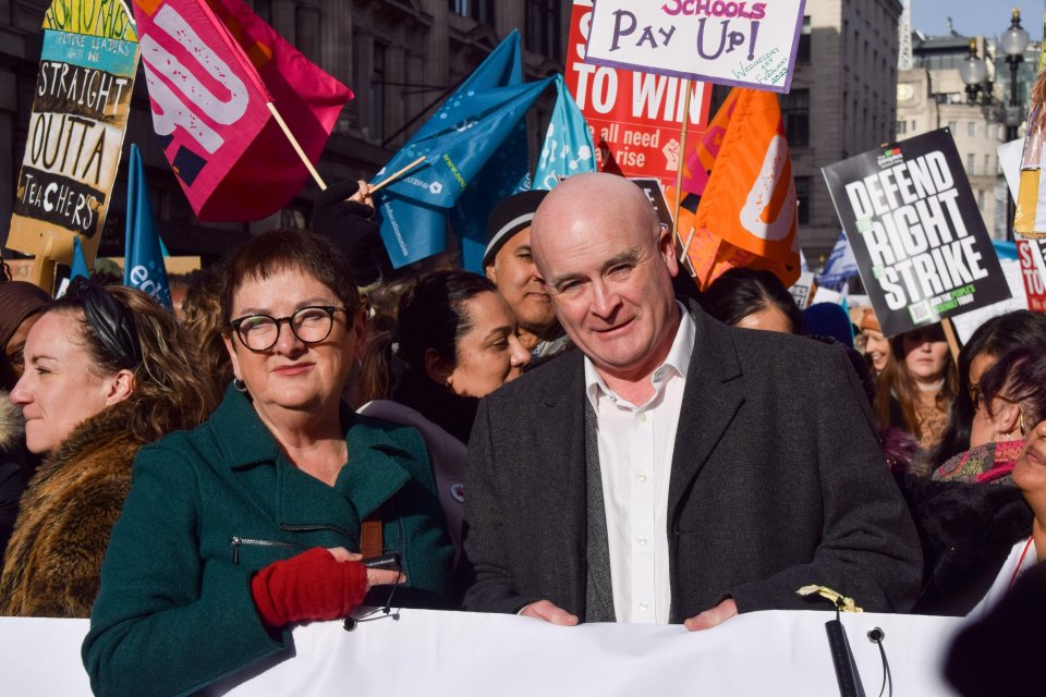 Joint General Secretary of the NEU Dr Mary Bousted and RMT chief Mick Lynch march in Regent Street, London