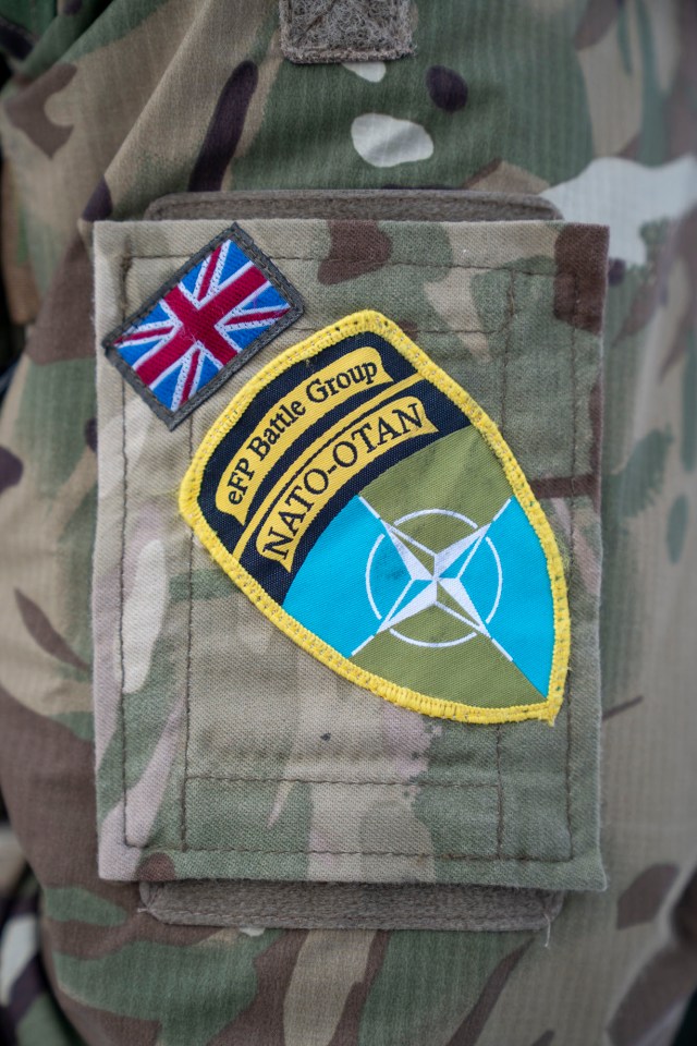 The British union flag flies over a Nato patch for the eFP Battle Group