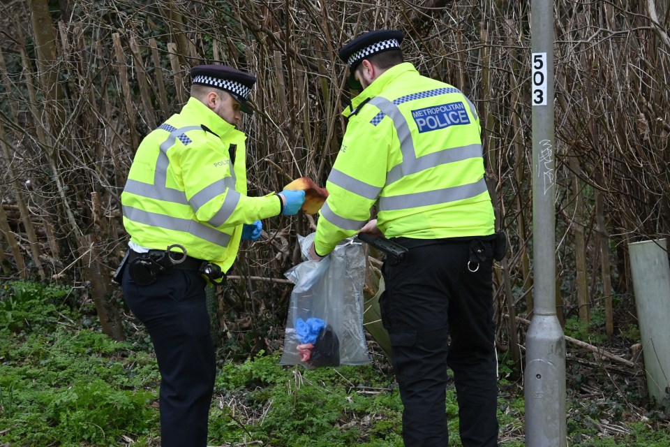 Police officers find a sponge soaked in a red liquid