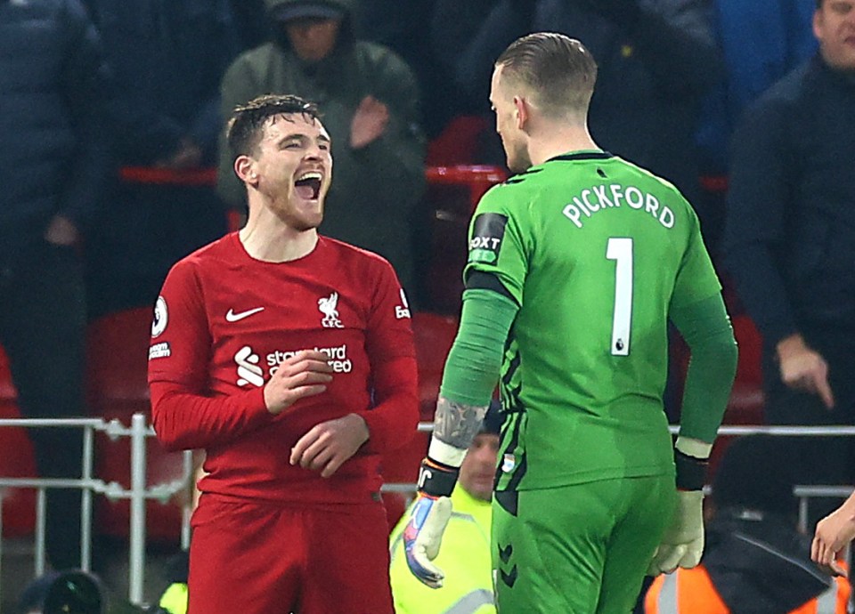 Andy Robertson and Jordan Pickford clashed to spark a mass brawl in the Merseyside derby