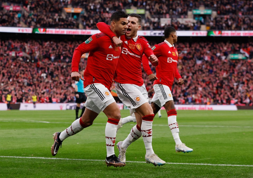 Casemiro celebrates after scoring the opener for Man Utd at Wembley