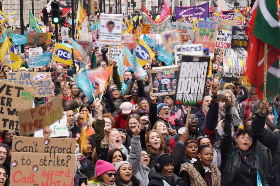 Protesters gather in Whitehall, London, on the biggest day of industrial action in more than a decade