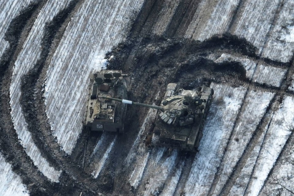 Two Russian tanks stopped in their tracks