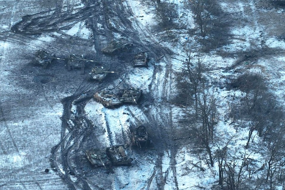 A picture showing Russian tanks destroyed after an attack near Vuhledar