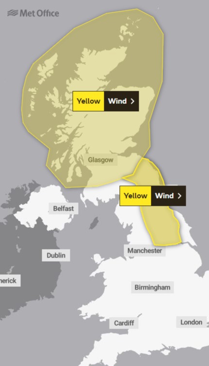 A yellow warning for "strong winds" across Scotland and the North East of England is in place from 6am to 6pm on Friday