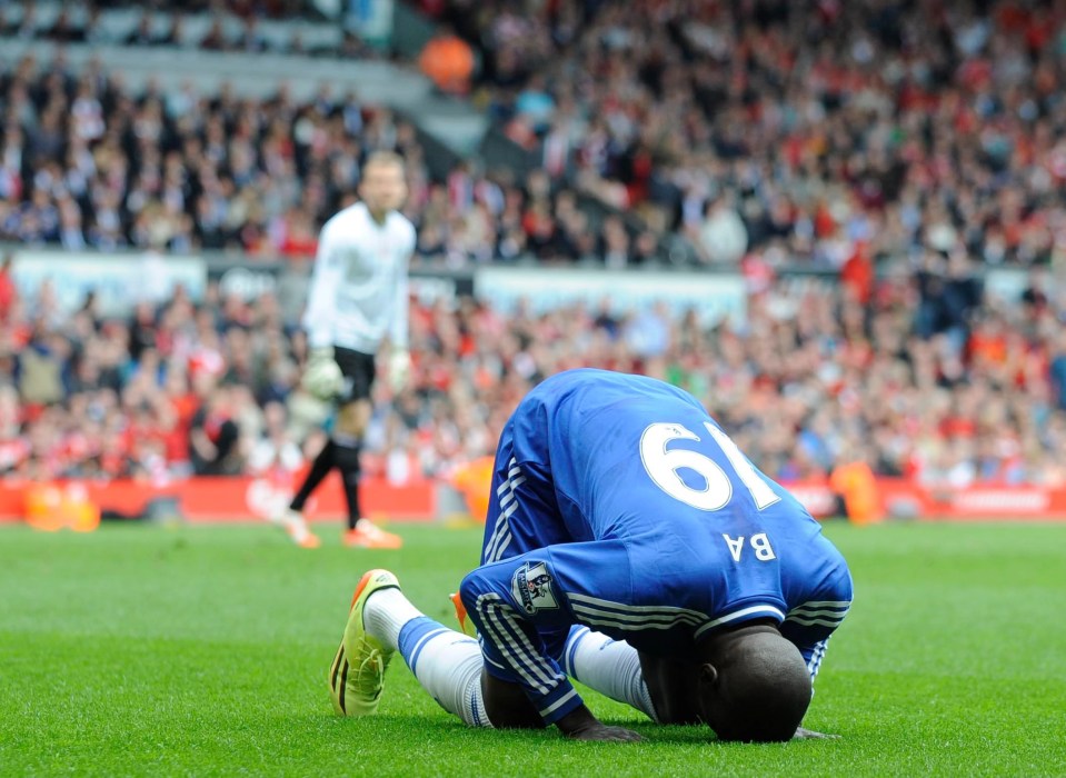 Demba Ba celebrating his goal after Steven Gerrard's slip