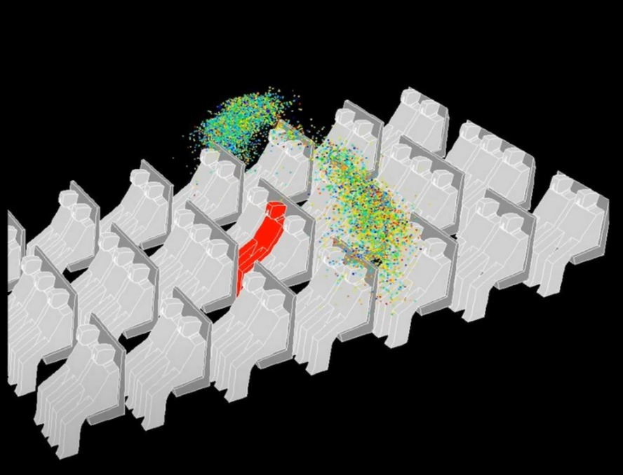 The simulation showed how germs spread throughout a plane cabin after sneezes