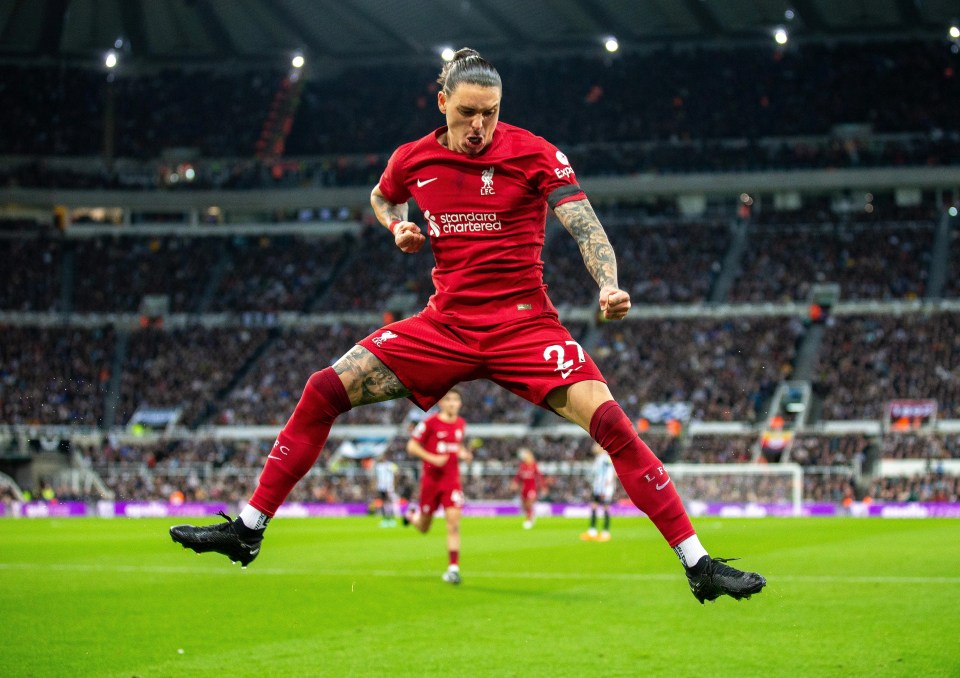 Darwin Nunez celebrates putting Liverpool 1-0 up against Newcastle