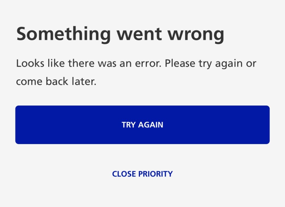 This is what users were met with when trying to access the O2 Priority app this morning