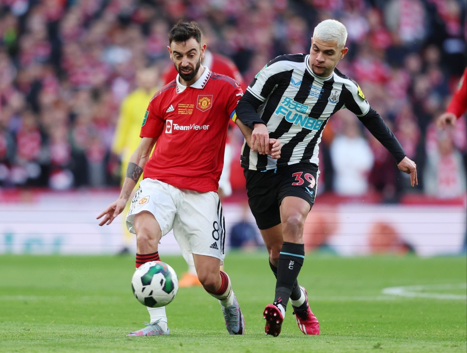 Bruno Fernandes evades the challenge of Newcastle's Bruno Guimaraes