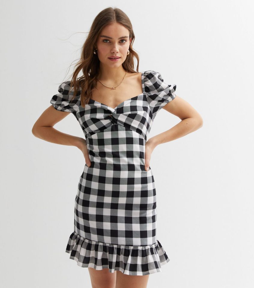 Cutie London Black Gingham Frill Twist Front Mini Dress