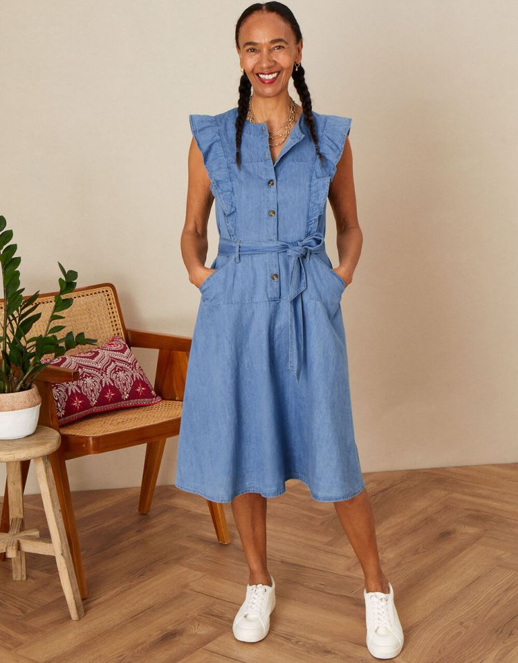 Monsoon Denim Frill Sleeve Sun Dress in Sustainable Cotton Blue