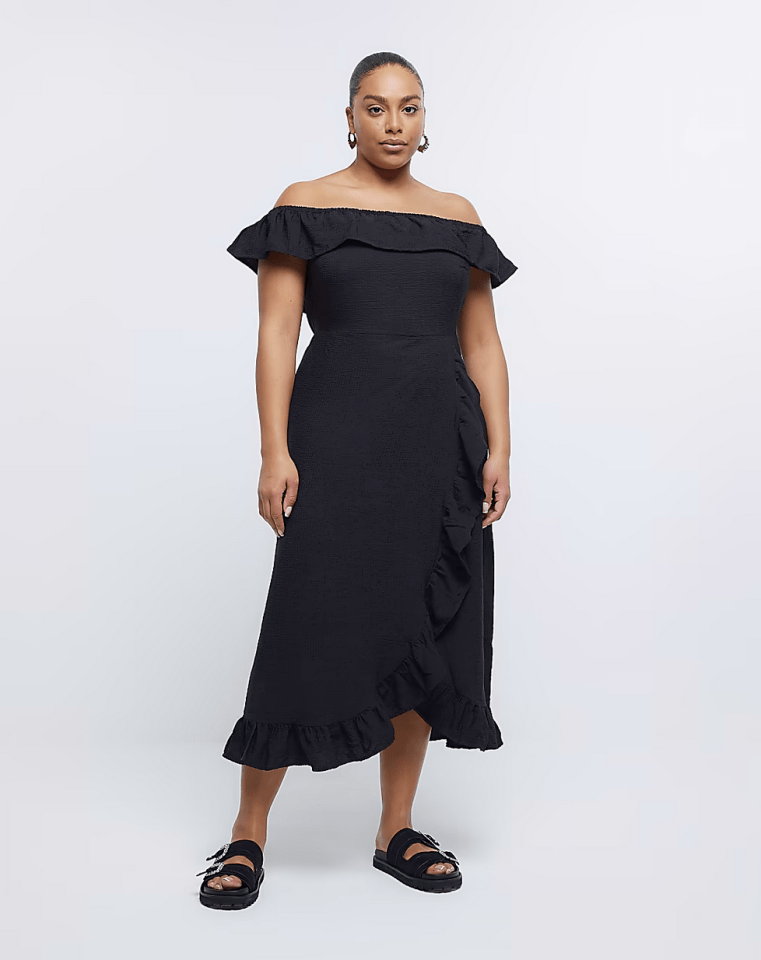 River Island Plus Black Frill Bardot Midi Dress