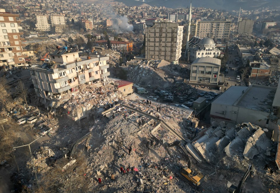 An aerial view shows collapsed buildings in Kahramanmaras