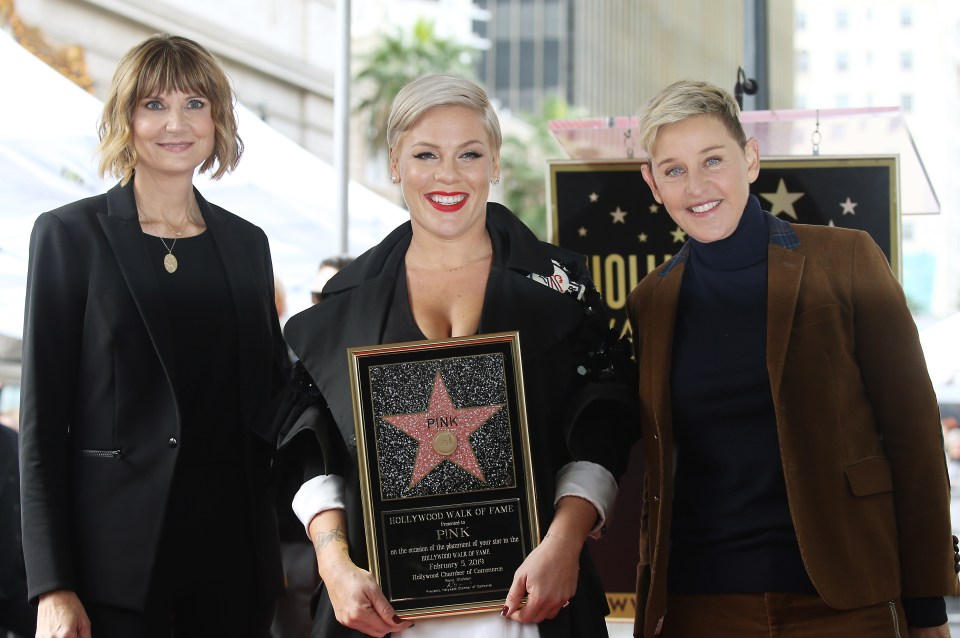 Pink with Kerri Kenney-Silver and Ellen DeGeneres at the ceremony honouring the singer with a Star on The Hollywood Walk of Fame in 2019