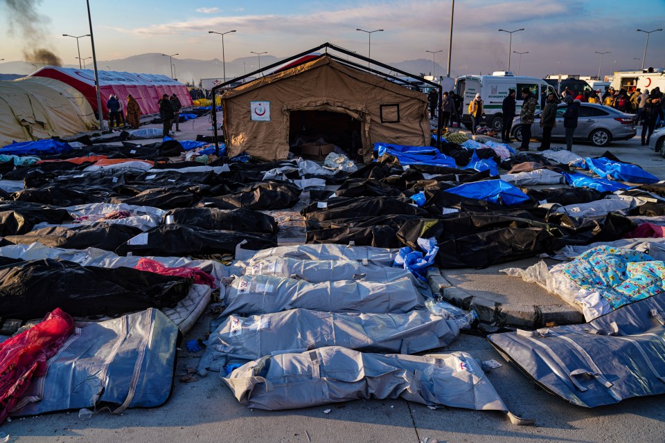 Bodybags holding earthquake victims outside the Hatay State Hospital