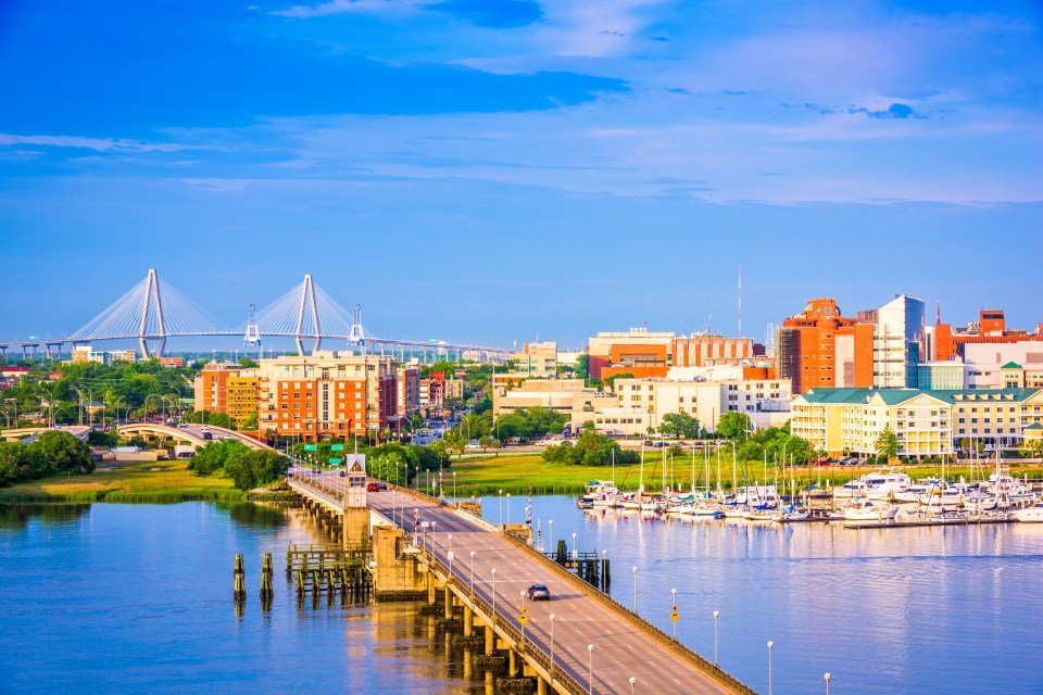 a bridge over a body of water with a city in the background