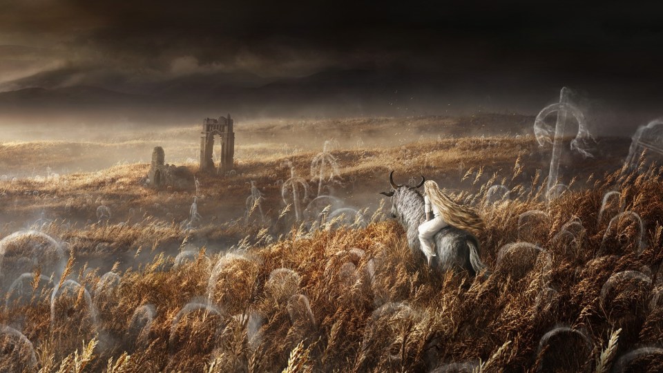 In the foreground, we see a blonde maiden riding through a golden field with ghostly gravestones all around her.