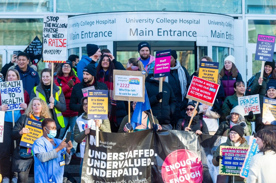 More than double the number of NHS organisations will take part in the next strike compared to the first one (Pictured: Strikers in London in February)