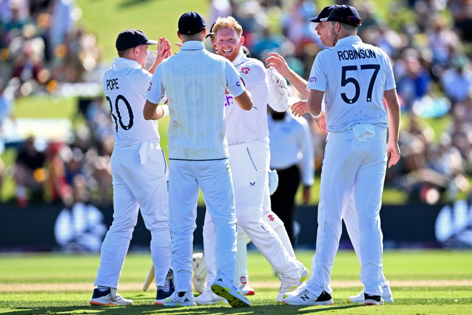 Ben Stokes celebrates after taking the wicket of Devon Conway