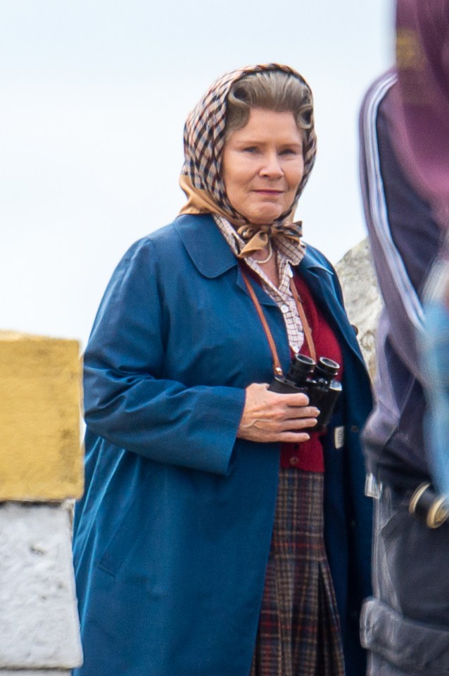 Imelda Staunton dressed as the Queen as they filmed a lighthouse scene for The Crown off the coast of Scotland