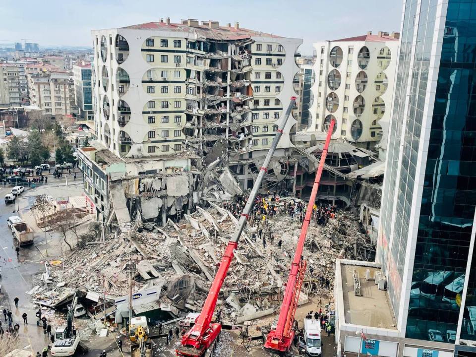 The collapsed Galeria Business Center after the 7.5 magnitude quake hit Turkey