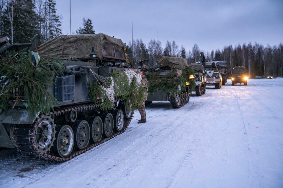 Armoured vehicles line up covered in camouflage