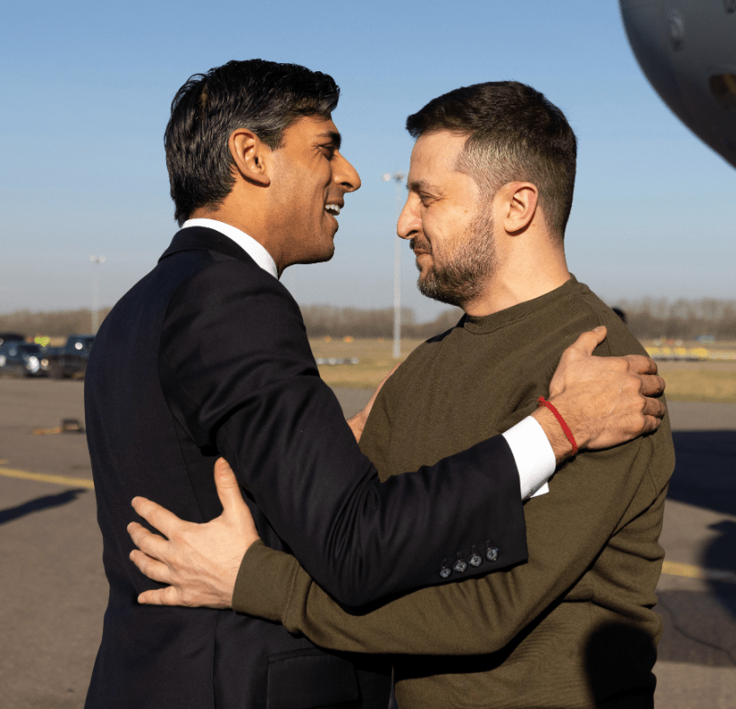 Volodymyr Zelensky landed at London Stansted Airport this morning where he was met by Rishi Sunak