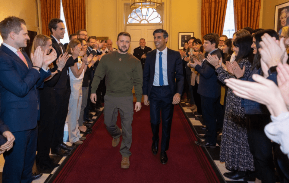 Zelensky is given a standing ovation by No10 staff as he enters the building