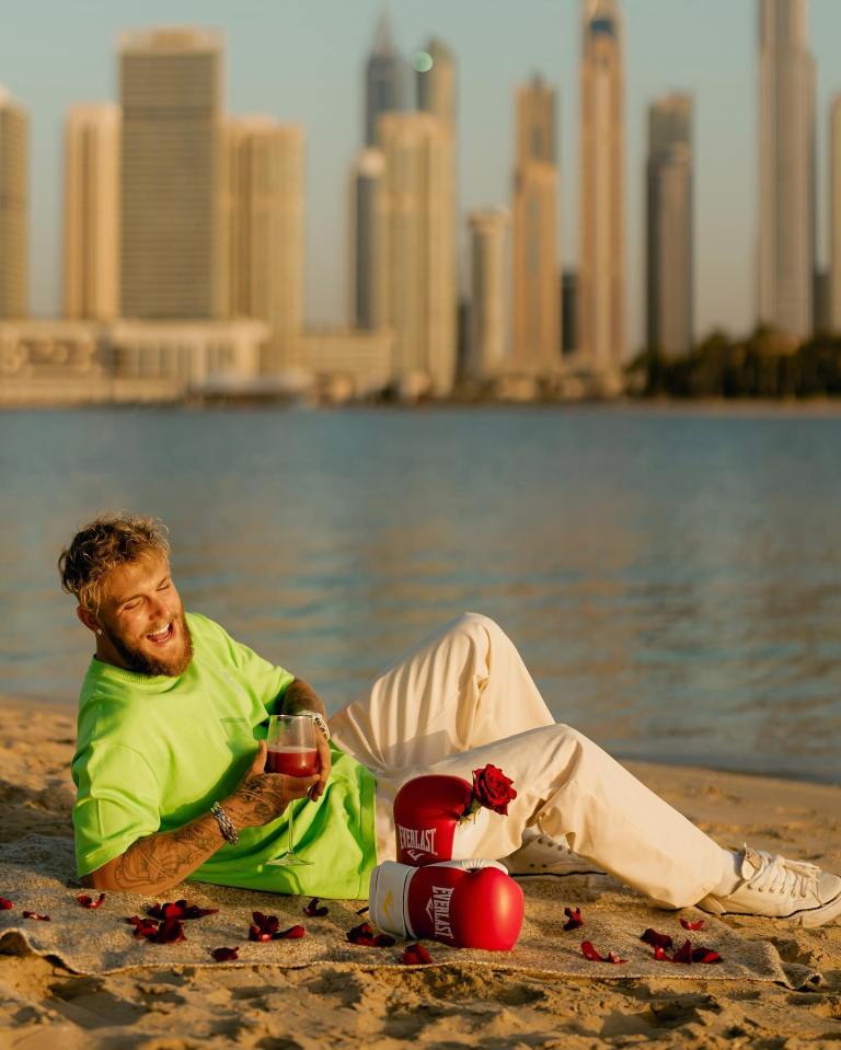 Jake Paul poses with a pair of boxing gloves on Valentine's Day