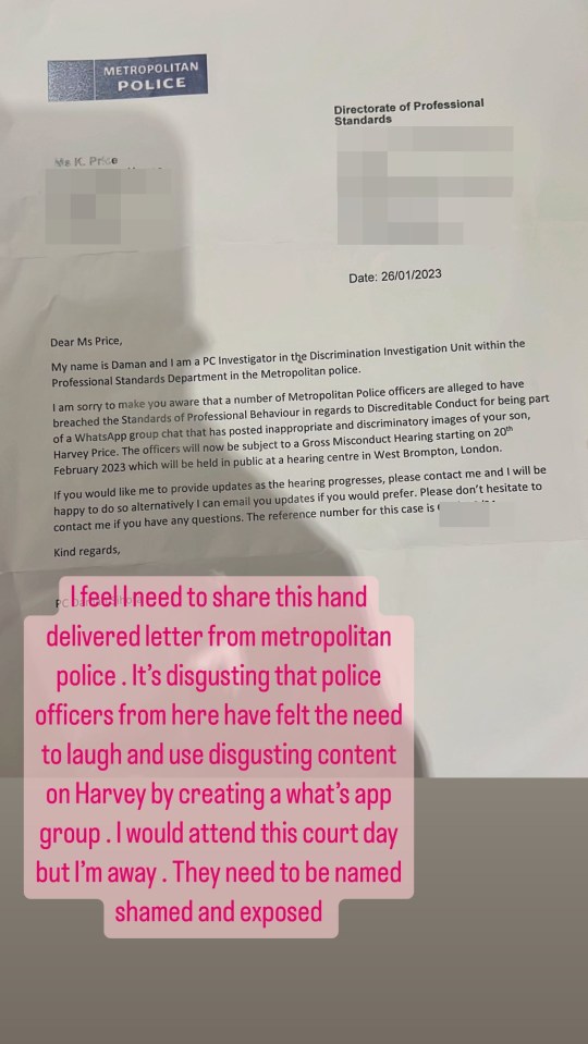 Katie Price revealed the letter she was sent on her Instagram story