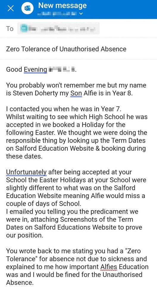 Steven's angry email begins by repeating his excuse for taking Alfie on holiday during term time