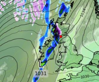 Maps reveal snow - shown in purple - will hit on February 7