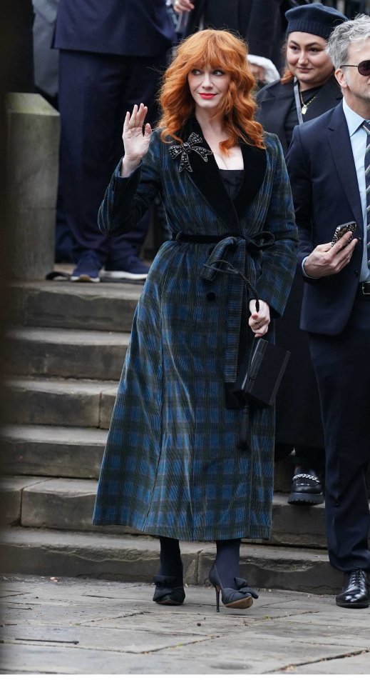 Actress Christina Hendricks wore a green tartan coat