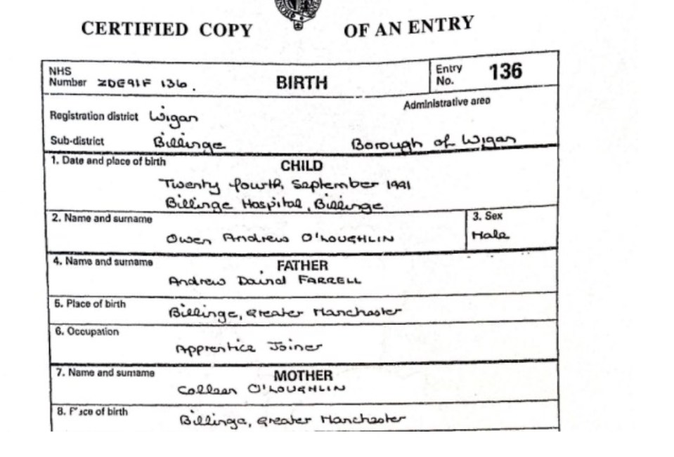 Owen Farrell’s birth certificate reveals he was originally given the surname O’Loughlin