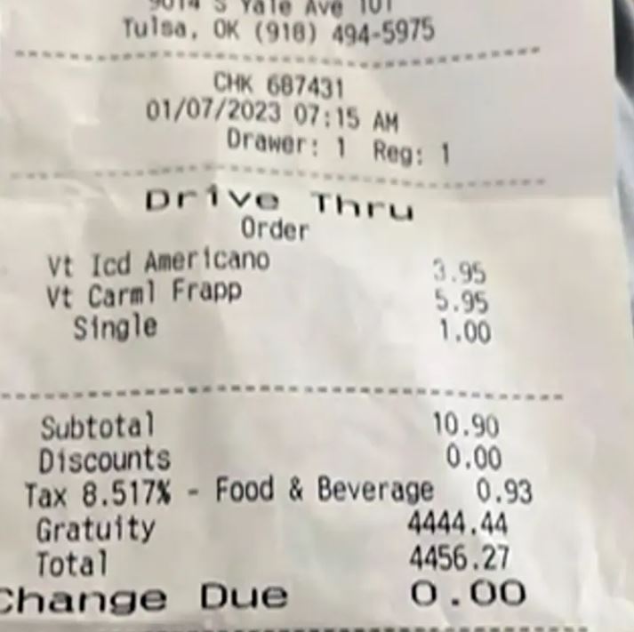 The receipt revealed the coffees should have cost $10.90, but they were charged $4456.27