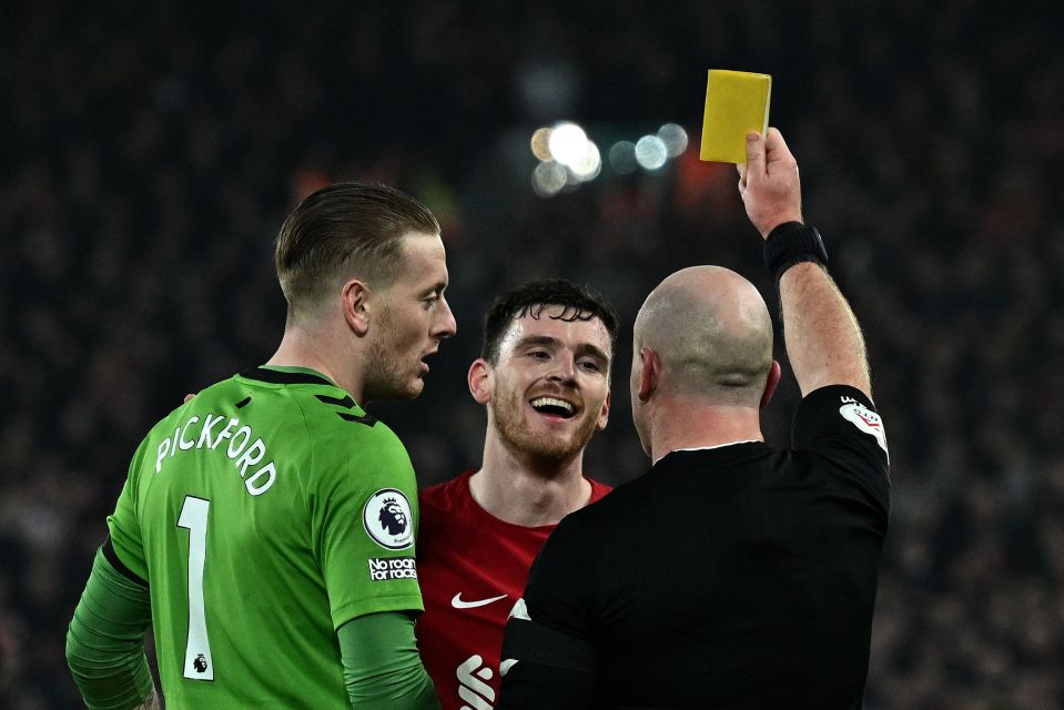 Jordan Pickford and Andy Robertson are booked