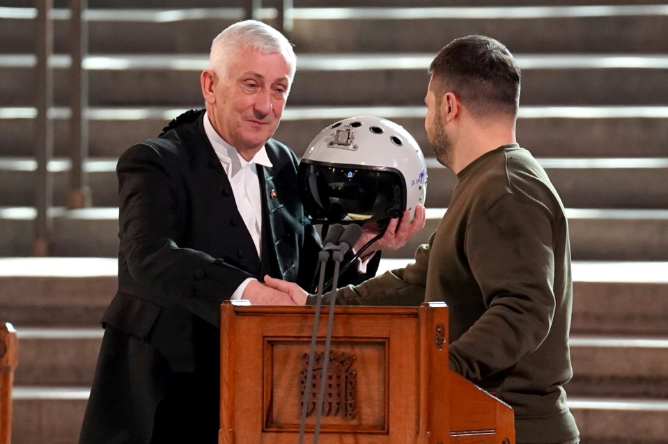 The leader of war-torn Ukraine symbolically presented Commons Speaker Sir Lindsay Hoyle with a helmet from one of his pilots