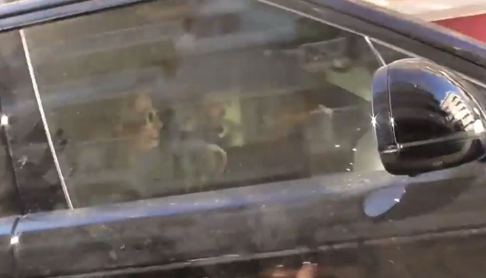 Clara, wearing white sunglasses, appeared to be laughing as they drove away