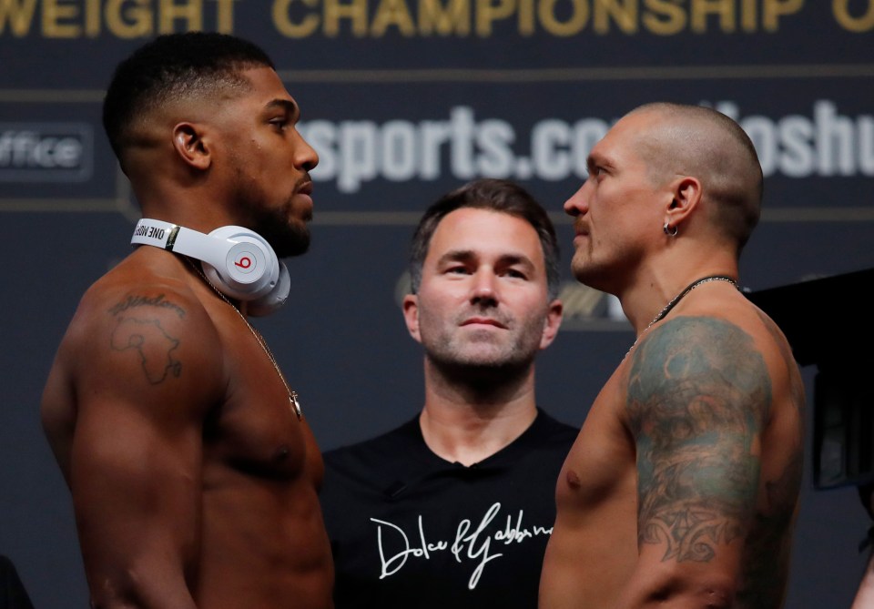 Anthony Joshua, promoter Eddie Hearn and Oleksandr Usyk