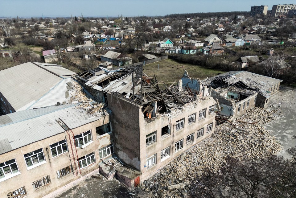 An aerial view of heavily damaged buildings after Russian attacks in Toretsk, Ukraine