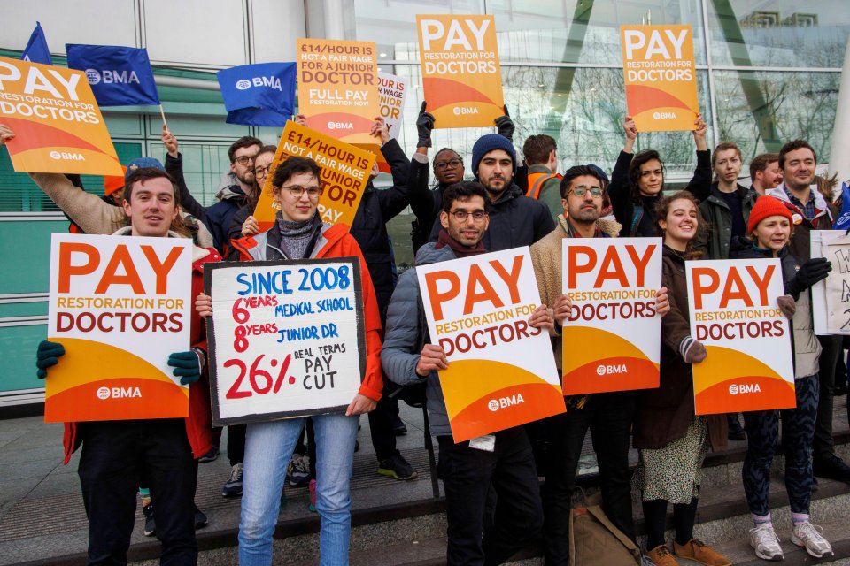 BMA junior doctors protest at the picket line on the first of a three-day NHS strike today