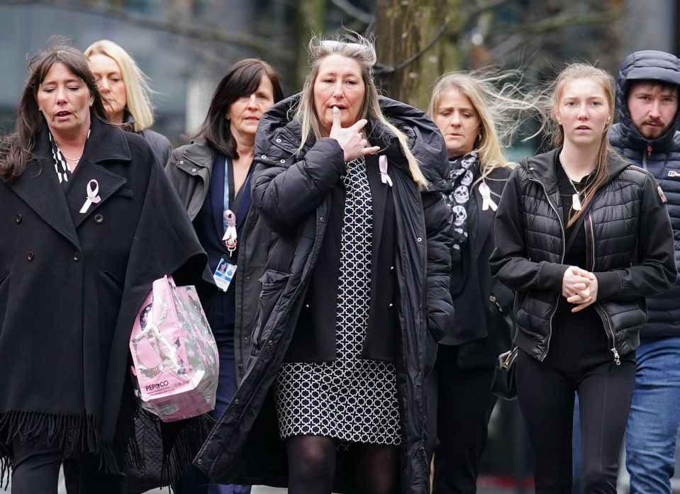 Olivia's mum Cheryl (centre) with other family members arriving at court on March 6